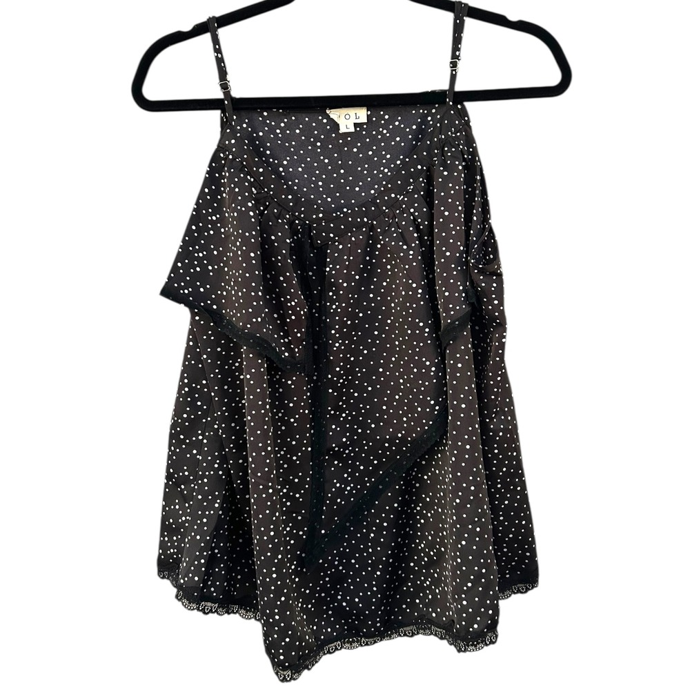 POL Black White Polka Dot Ruffle Lace Trim Spaghetti Strap Tank Top Womens Large